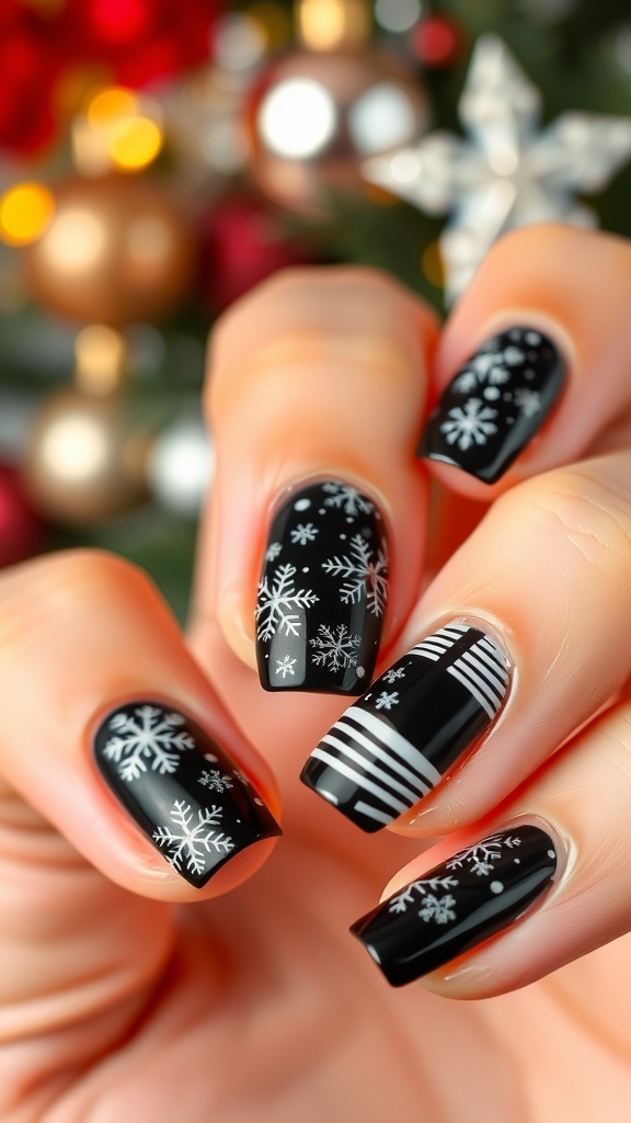 Close-up of black and white Christmas nail art with snowflakes and stripes on manicured nails.